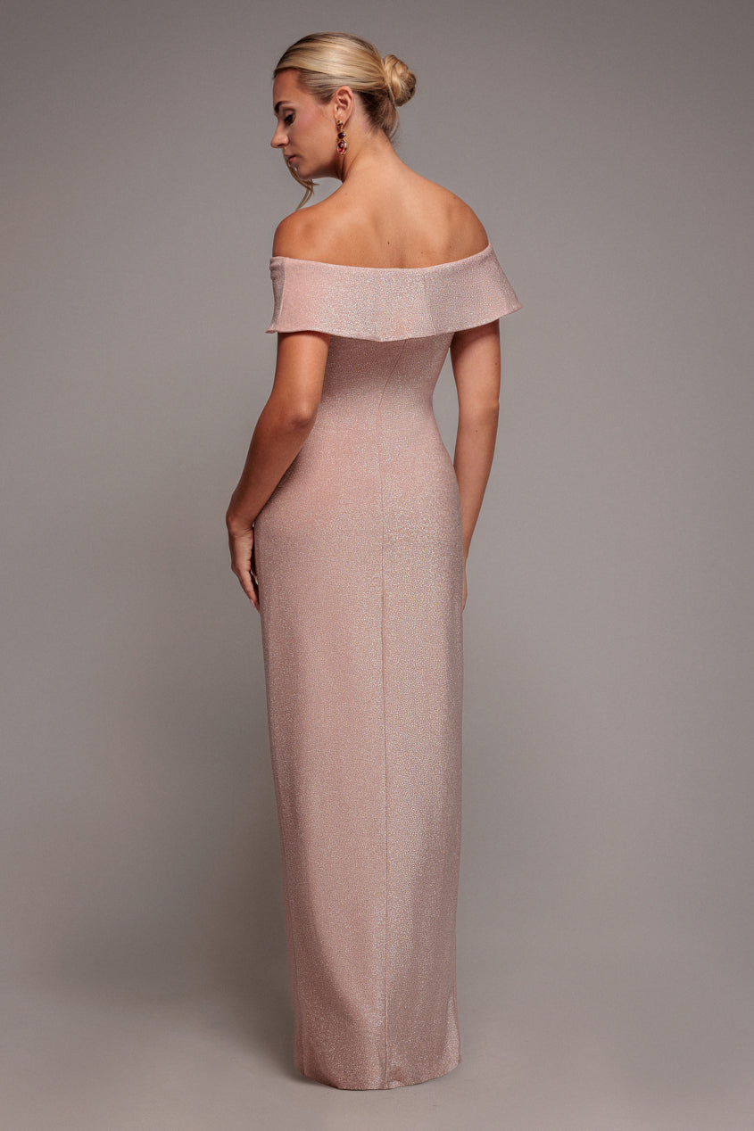 Goddiva Lurex Bardot Maxi With Waterfall Ruffle - Blush
