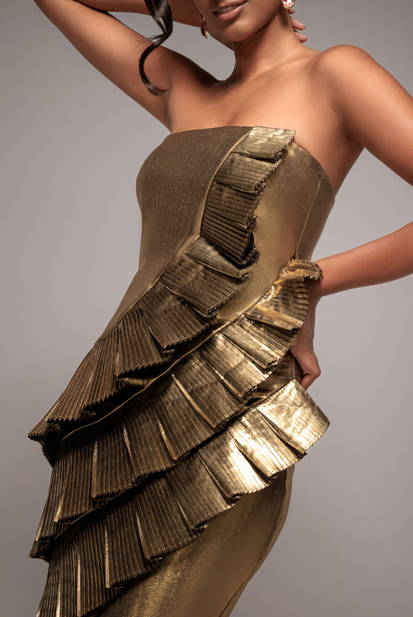 Goddiva Fan Pleated Boobtube Scuba Crepe Mini - Gold