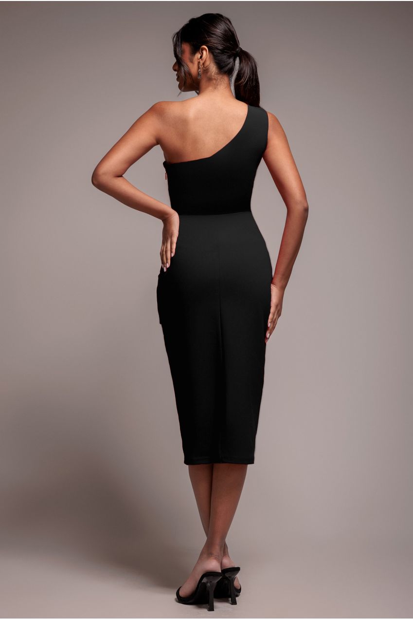 Goddiva One Shoulder Pleated Fan Midi Dress - Black