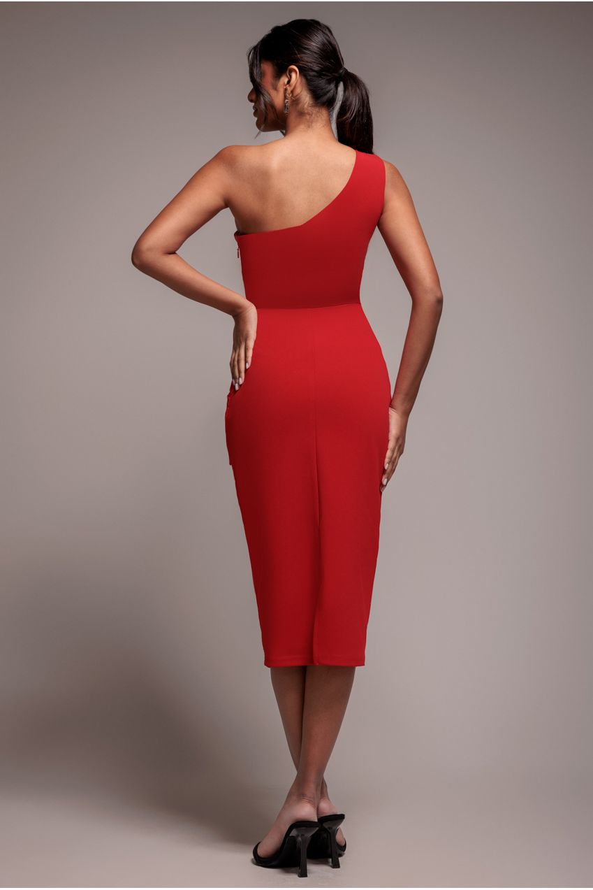 Goddiva One Shoulder Pleated Fan Midi Dress - Red