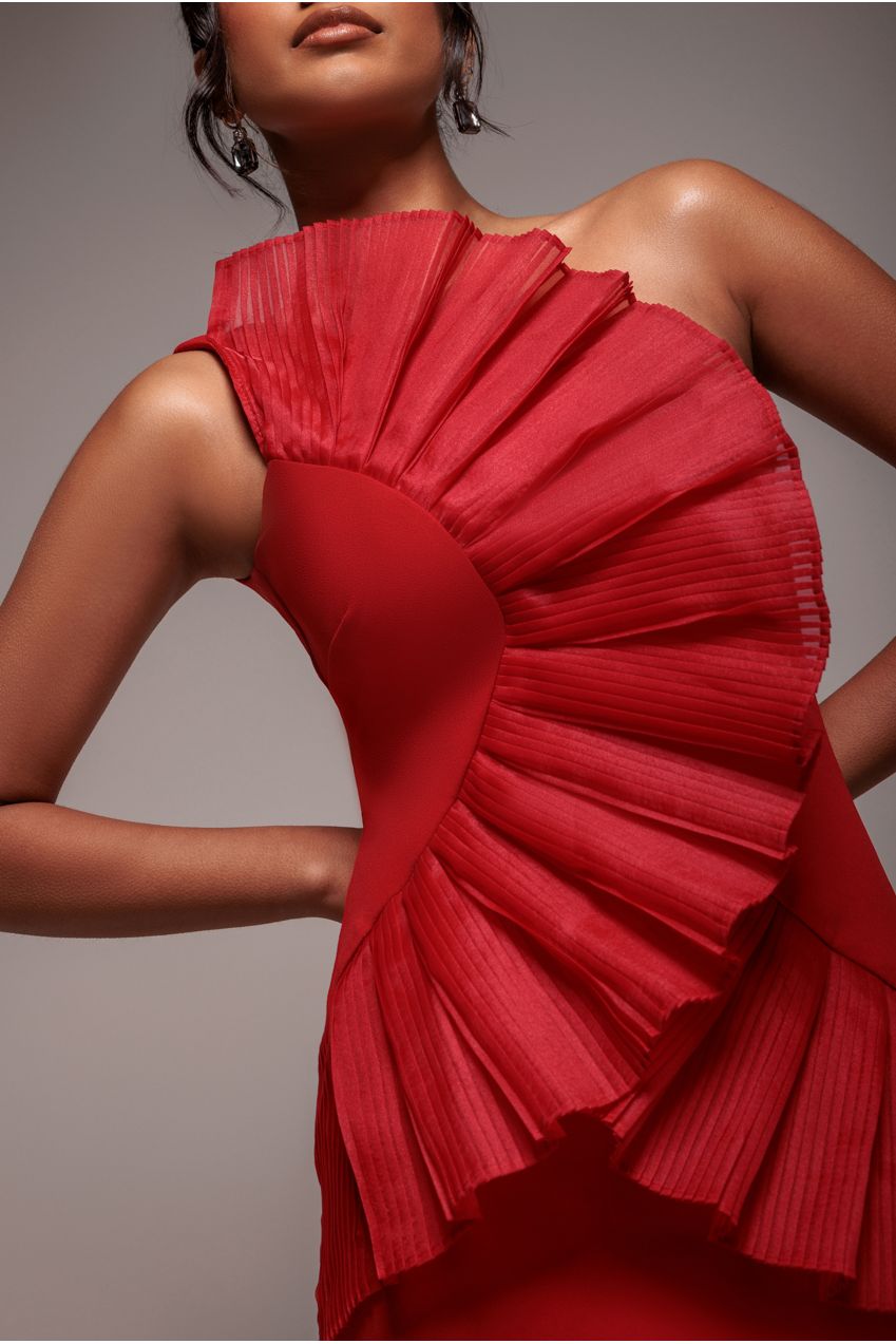 Goddiva One Shoulder Pleated Fan Midi Dress - Red