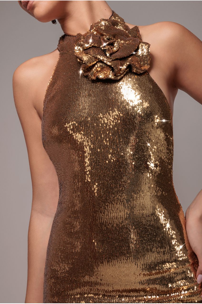 Goddiva Liquid Sequin Halterneck Maxi With Corsage - Gold