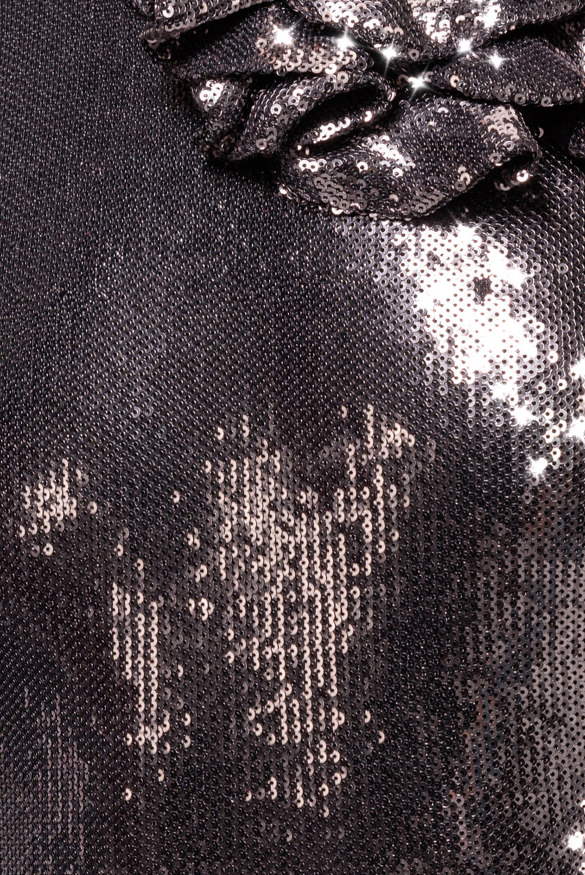 Goddiva Liquid Sequin Halterneck Maxi With Corsage - Silver