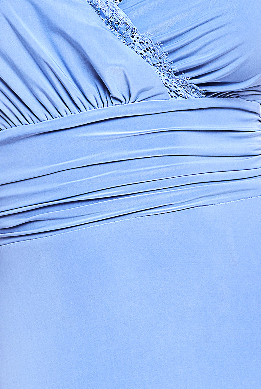 Goddiva Diamante & Scalloped Lace Neck Maxi Dress - Cornflower Blue