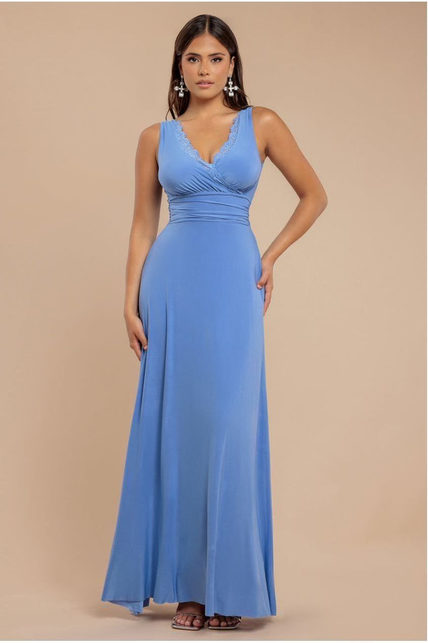 Goddiva Diamante & Scalloped Lace Neck Maxi Dress - Cornflower Blue