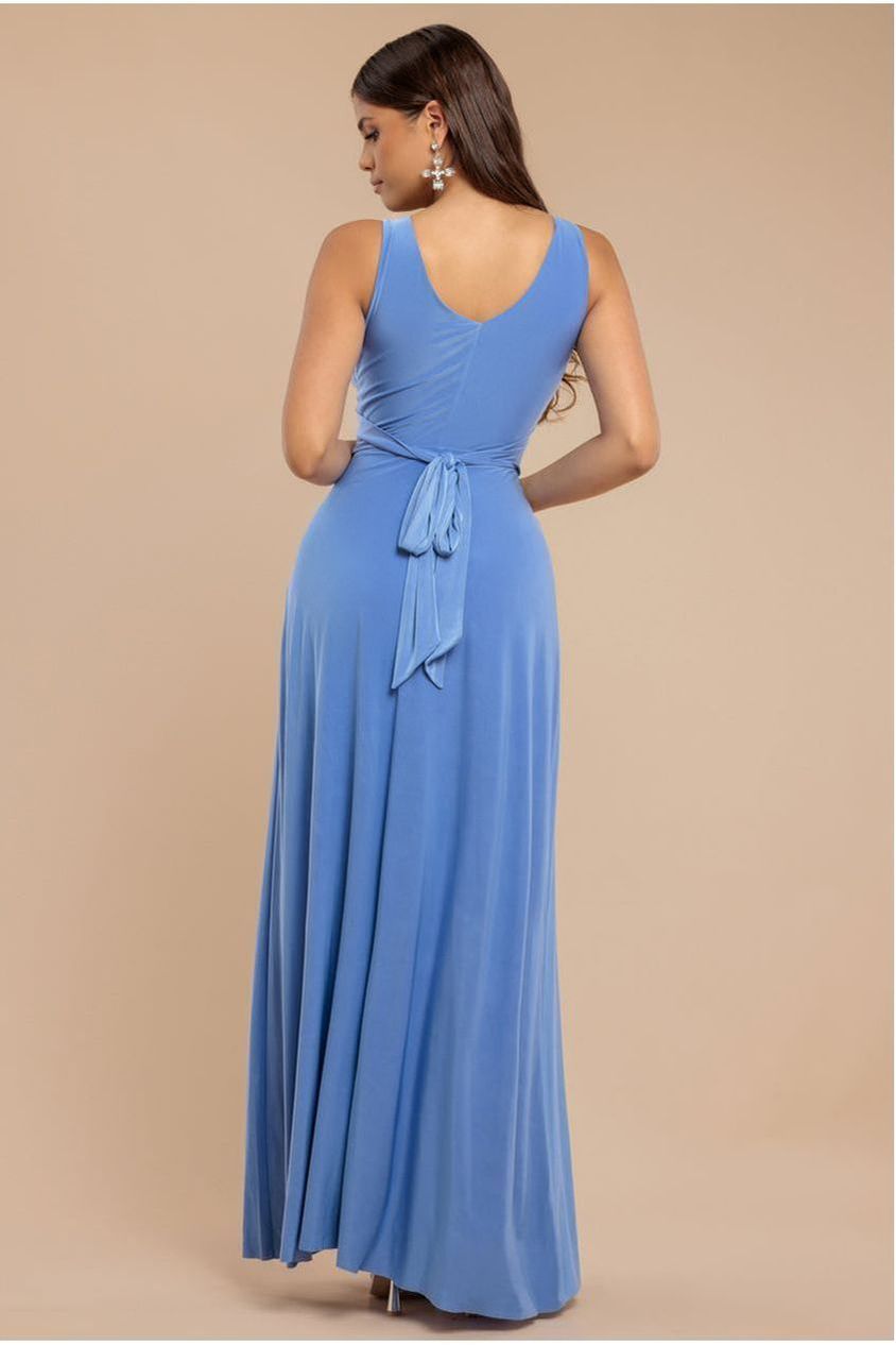 Goddiva Diamante & Scalloped Lace Neck Maxi Dress - Cornflower Blue