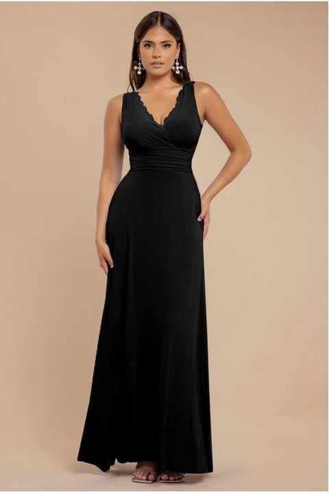 Goddiva Diamante & Scalloped Lace Neck Maxi Dress - Black