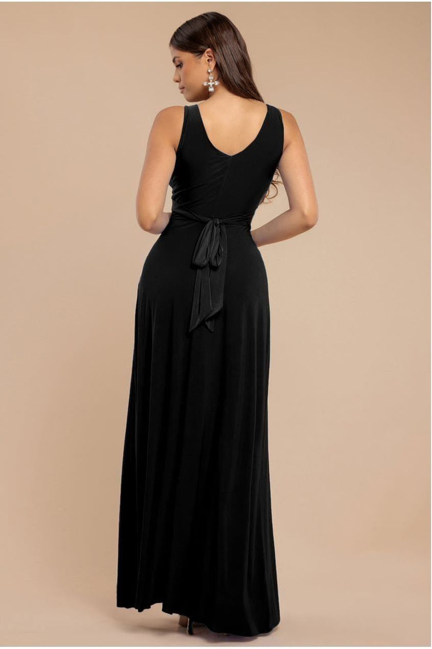 Goddiva Diamante & Scalloped Lace Neck Maxi Dress - Black