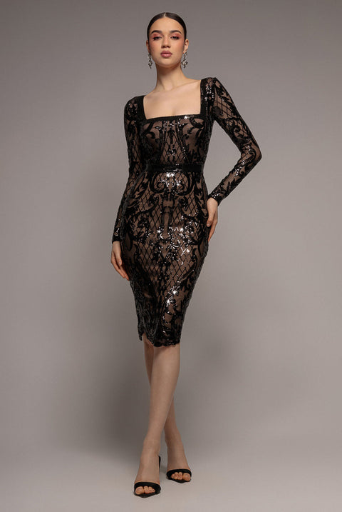 Goddiva Sequin Square Neck Bodycon Midi Dress With Scalloped Hem - Black