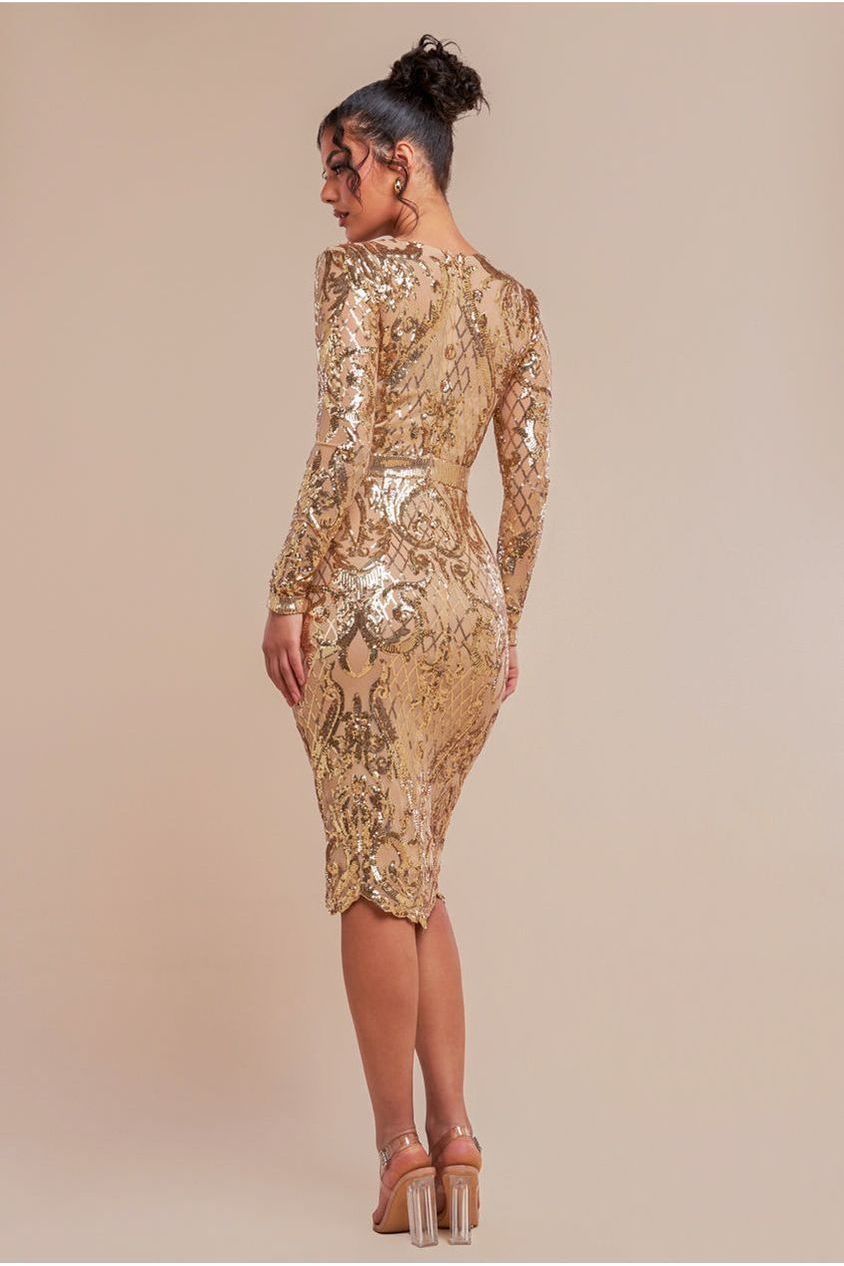 Goddiva Sequin Square Neck Bodycon Midi Dress With Scalloped Hem - Gold