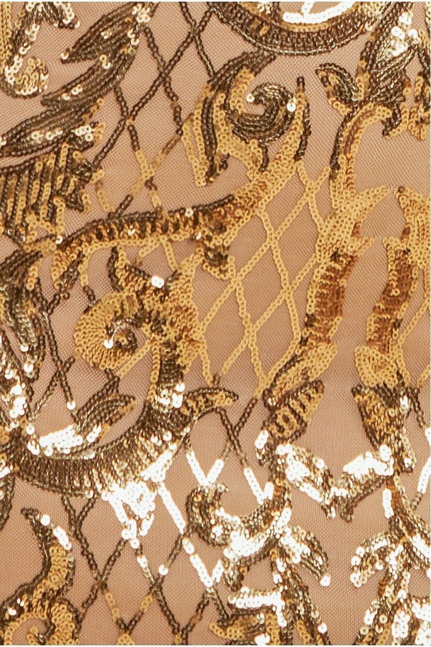 Goddiva Sequin Square Neck Bodycon Midi Dress With Scalloped Hem - Gold