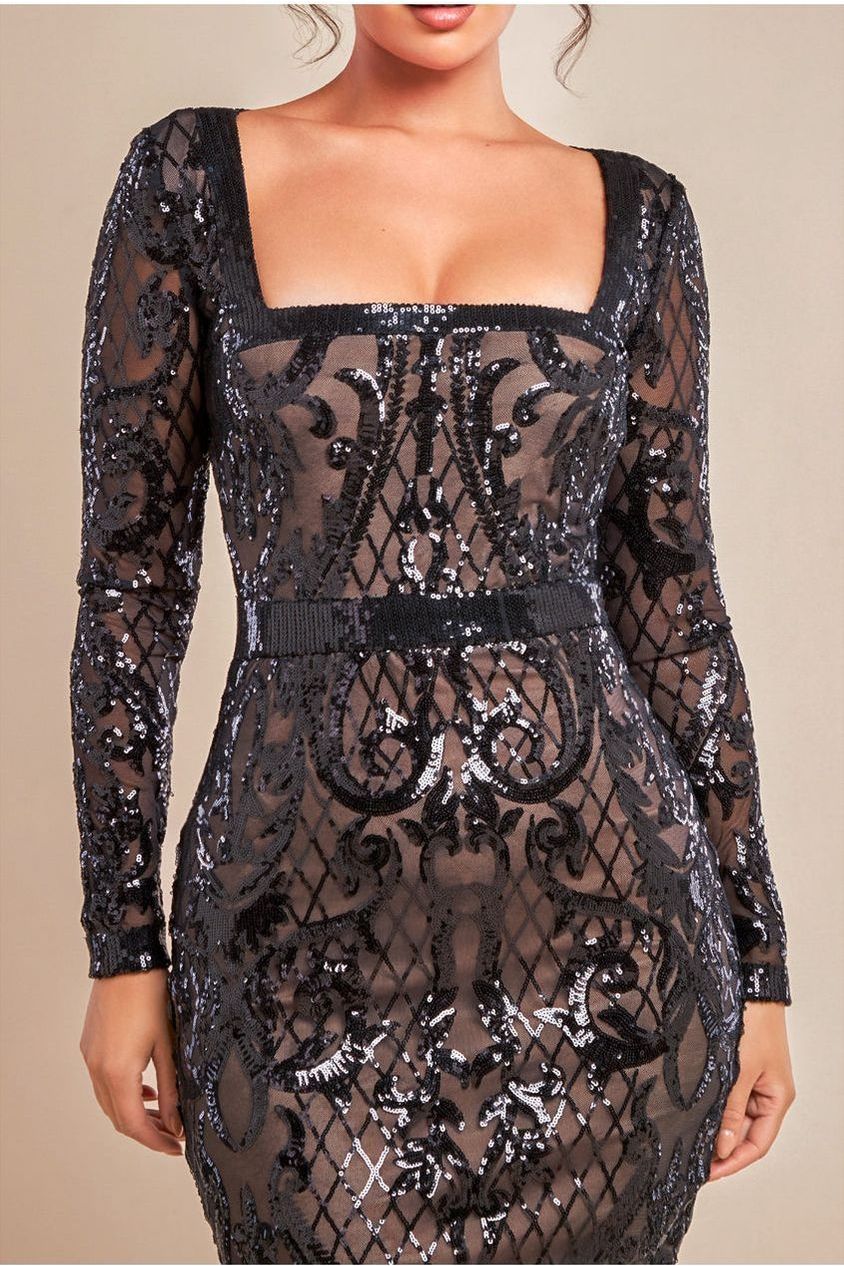 Goddiva Sequin Square Neck Bodycon Midi Dress With Scalloped Hem - Black