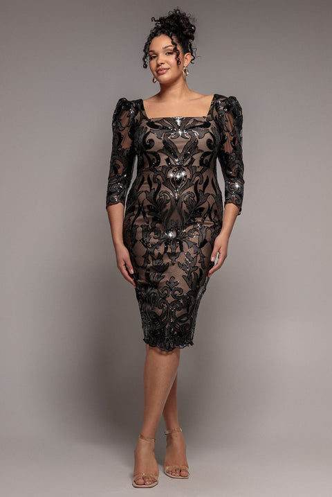 Goddiva Plus Square Neck Scalloped Embroidered Sequin Midi Dress - Black