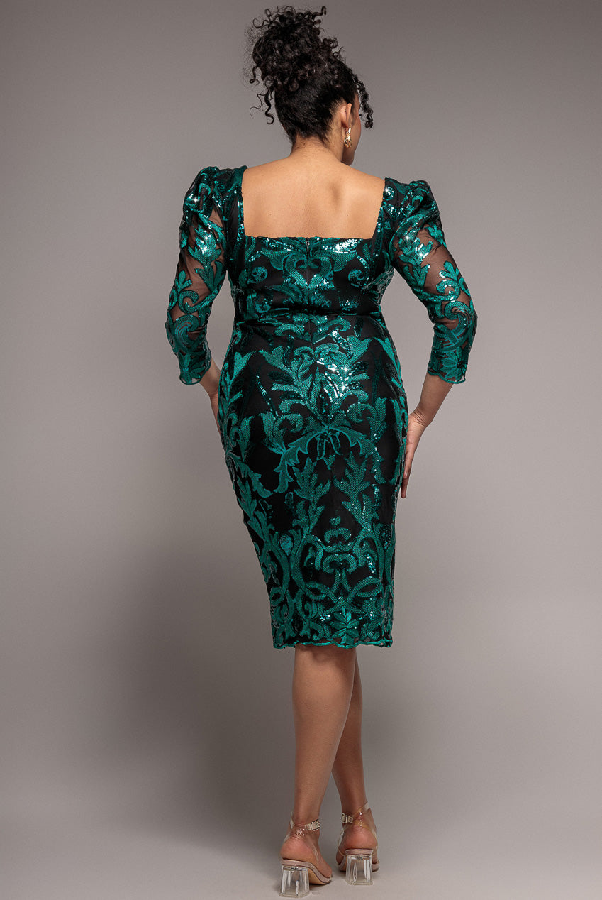 Goddiva Plus Square Neck Scalloped Embroidered Sequin Midi Dress - Emerald Green