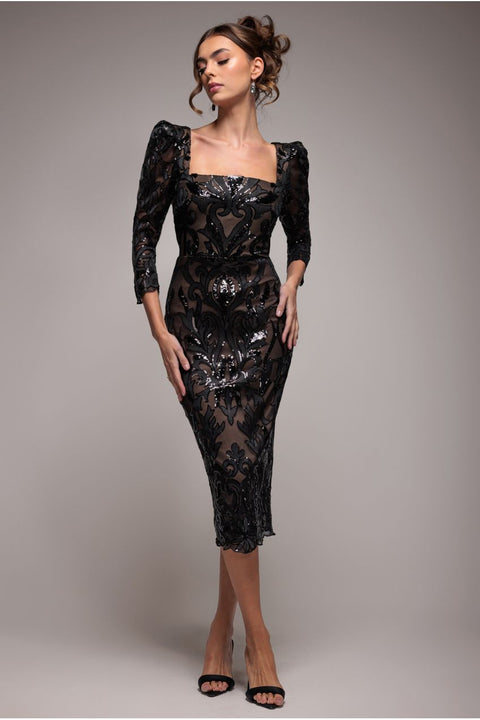 Goddiva Square Neck Scalloped Embroidered Sequin Midi Dress - Black