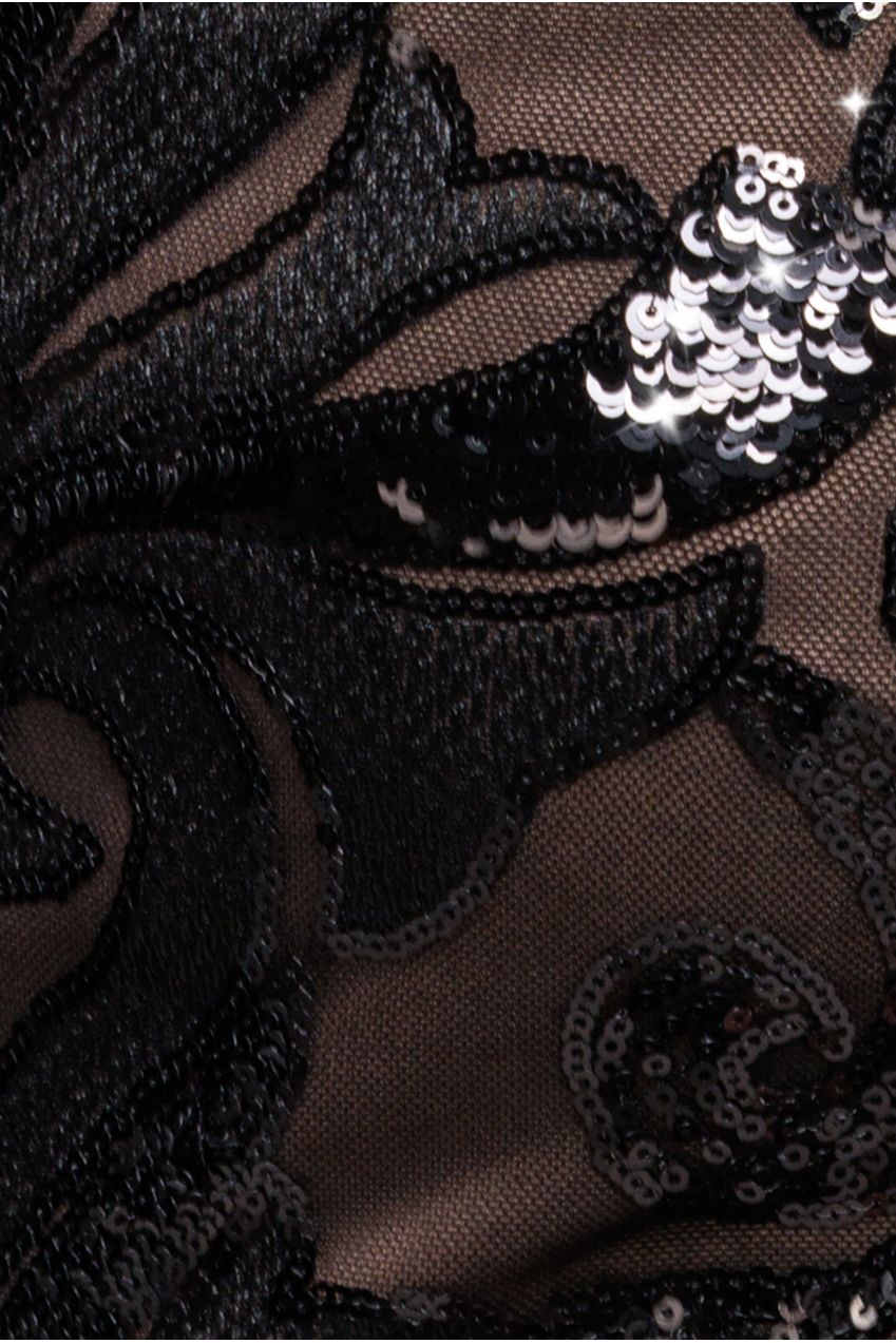 Goddiva Square Neck Scalloped Embroidered Sequin Midi Dress - Black