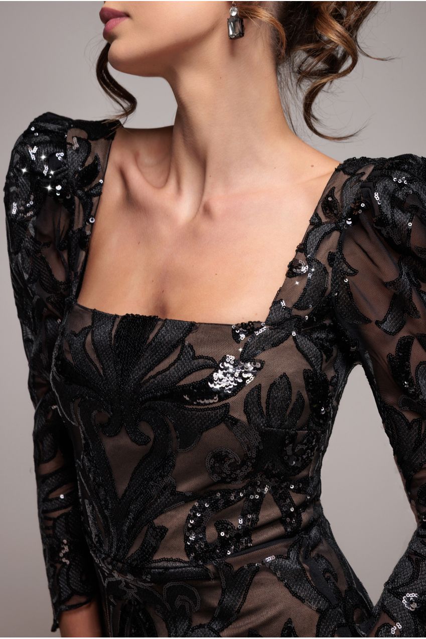 Goddiva Square Neck Scalloped Embroidered Sequin Midi Dress - Black