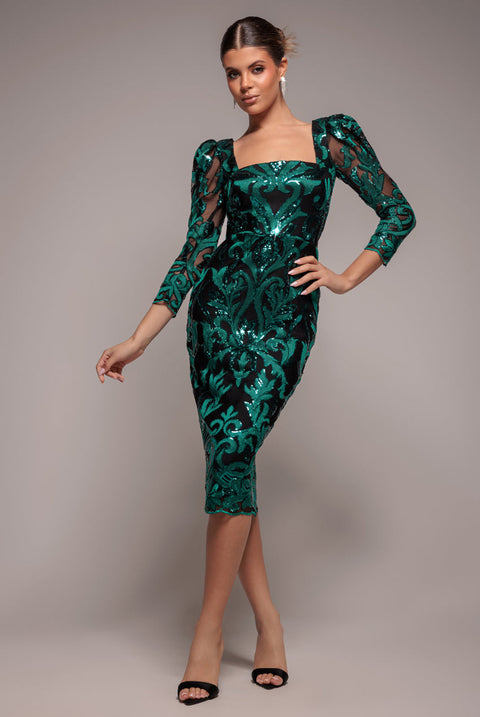 Goddiva Square Neck Scalloped Embroidered Sequin Midi Dress - Emerald Green