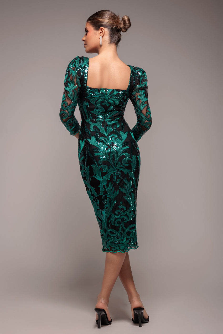 Goddiva Square Neck Scalloped Embroidered Sequin Midi Dress - Emerald Green