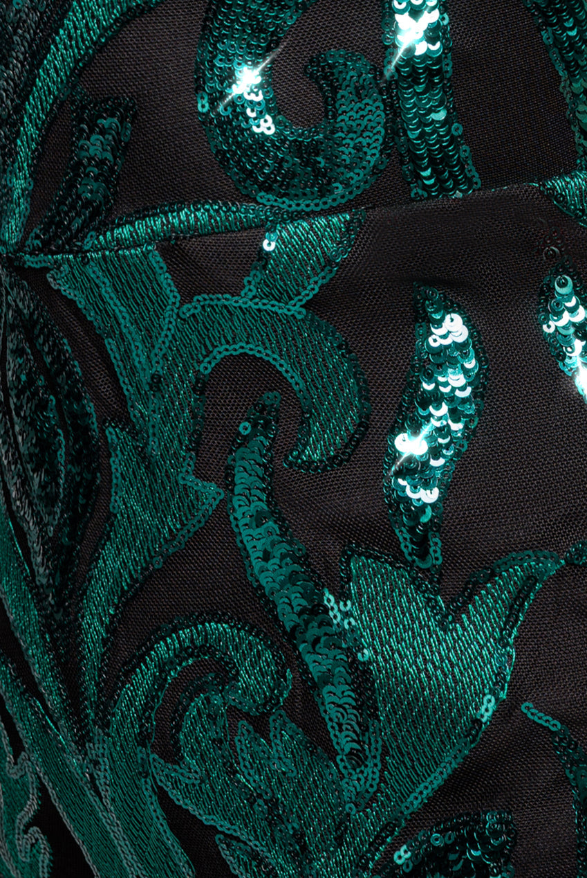 Goddiva Square Neck Scalloped Embroidered Sequin Midi Dress - Emerald Green