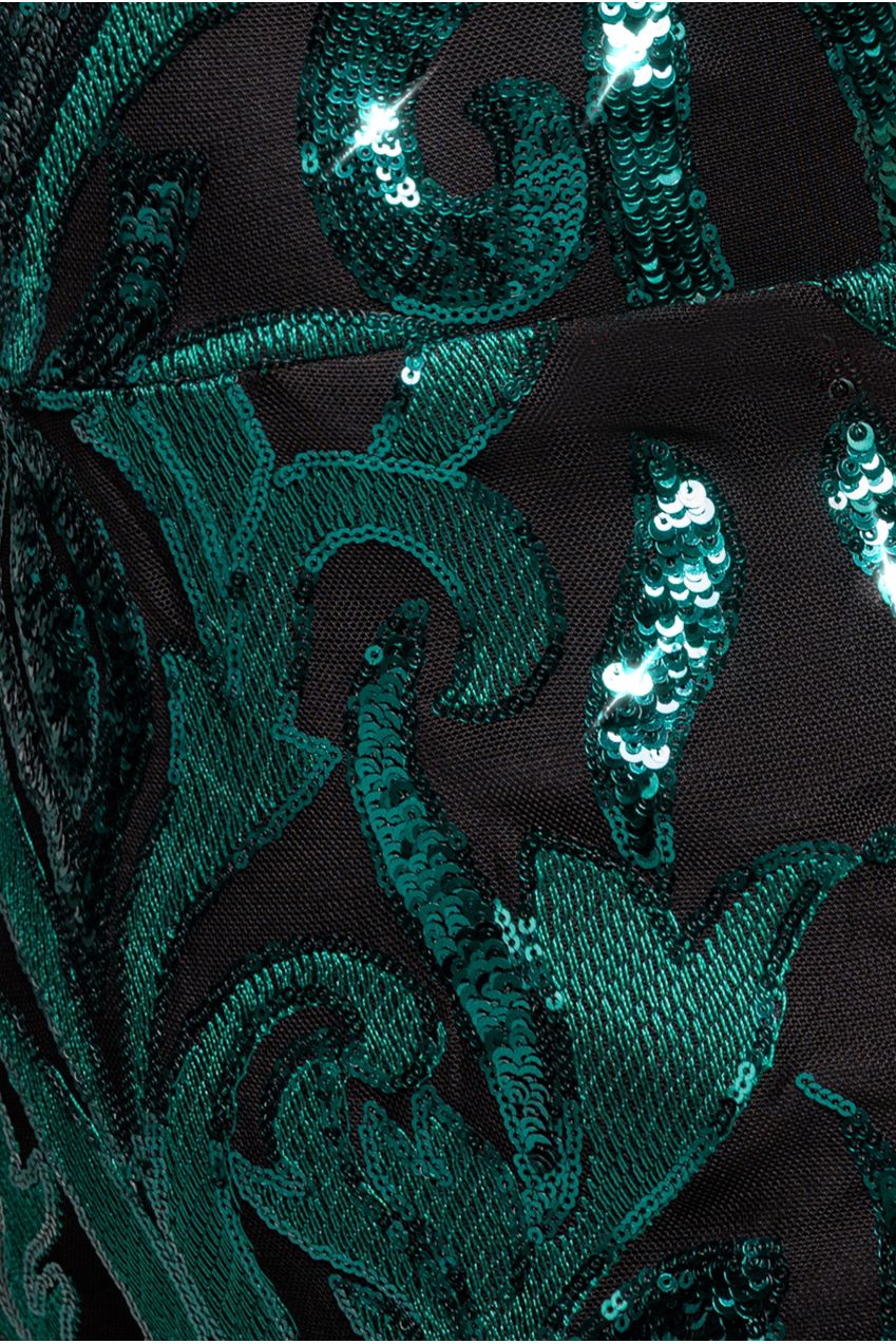 Goddiva Square Neck Scalloped Embroidered Sequin Midi Dress - Emerald Green