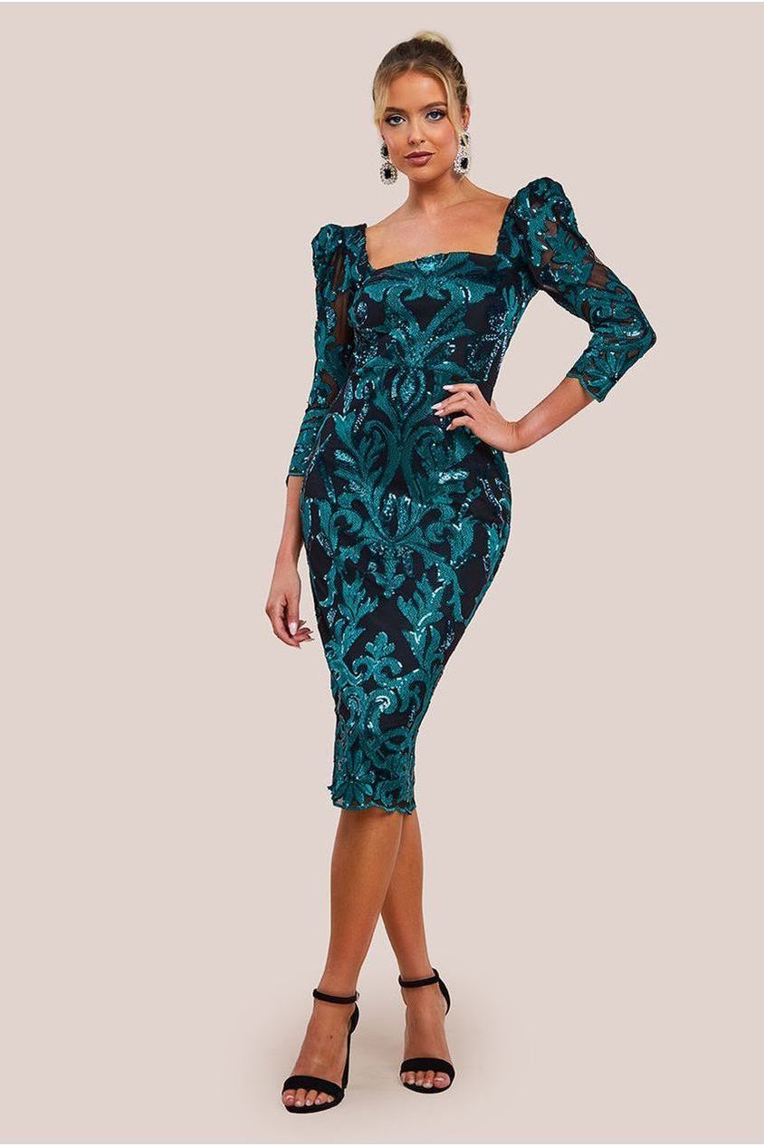 Goddiva Square Neck Scalloped Embroidered Sequin Midi Dress - Emerald Green