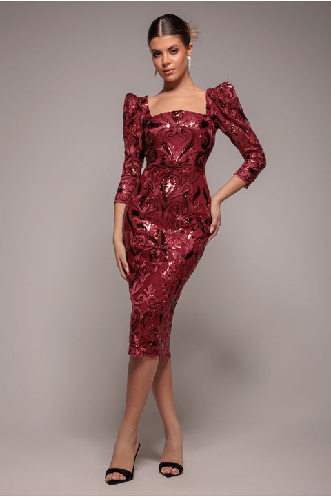 Goddiva Square Neck Scalloped Embroidered Sequin Midi Dress - Wine