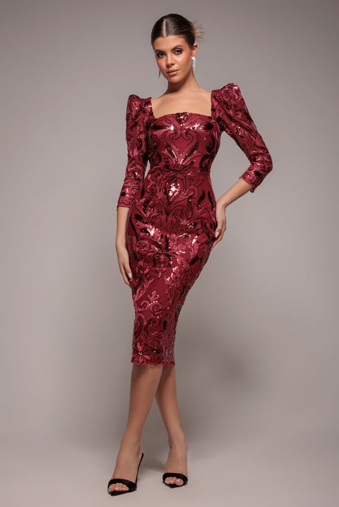 Goddiva Square Neck Scalloped Embroidered Sequin Midi Dress - Wine