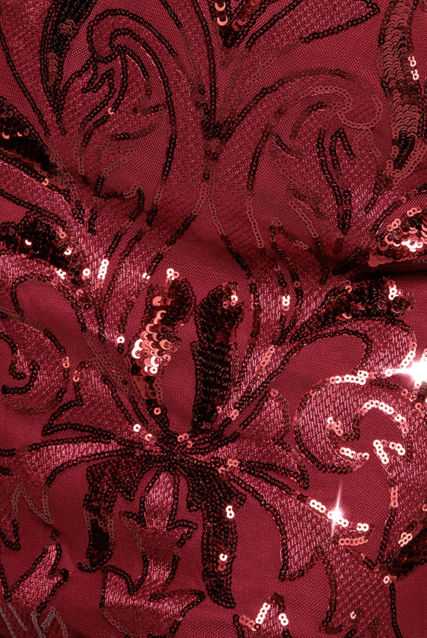 Goddiva Square Neck Scalloped Embroidered Sequin Midi Dress - Wine