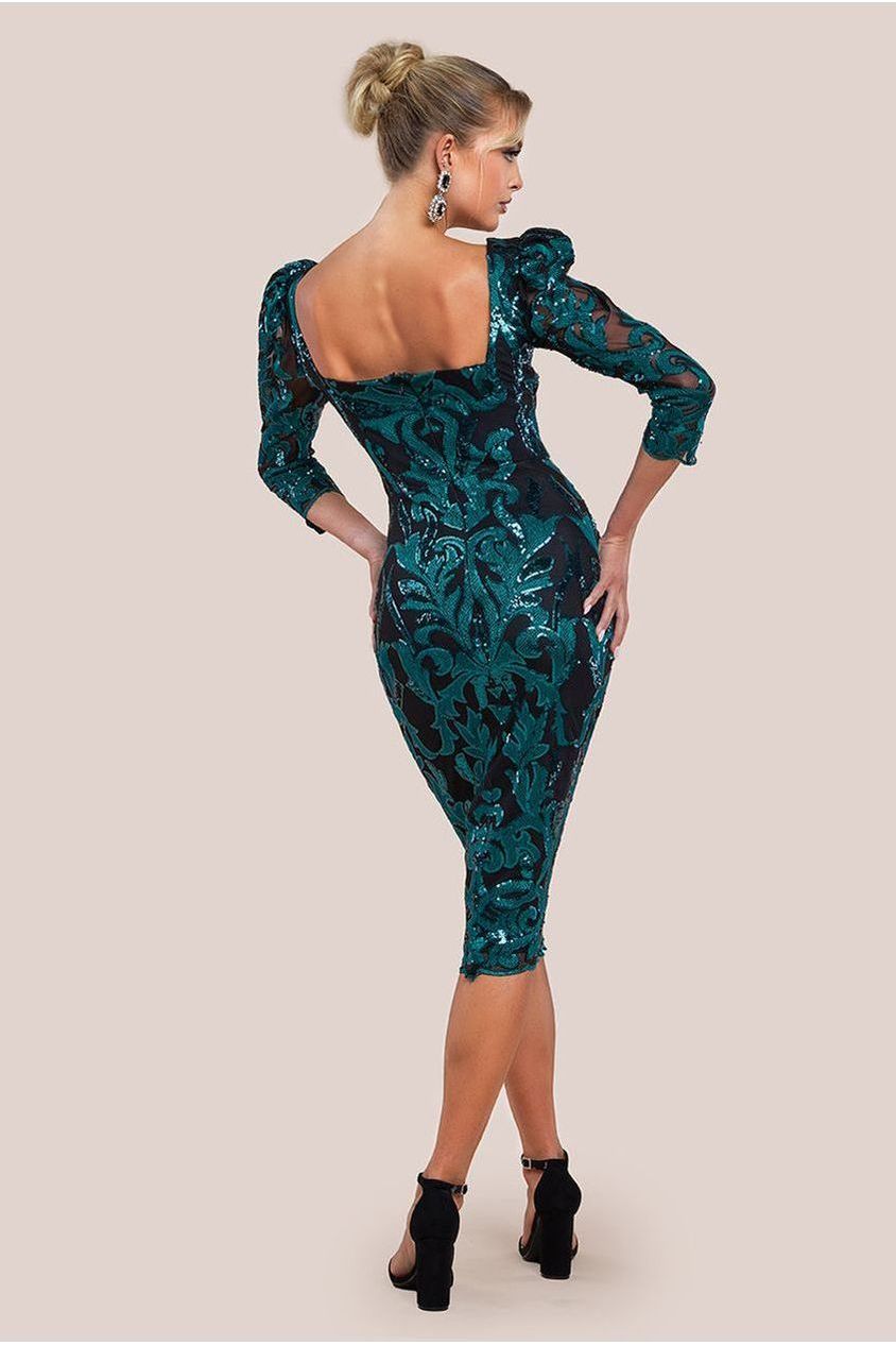 Goddiva Square Neck Scalloped Embroidered Sequin Midi Dress - Emerald Green