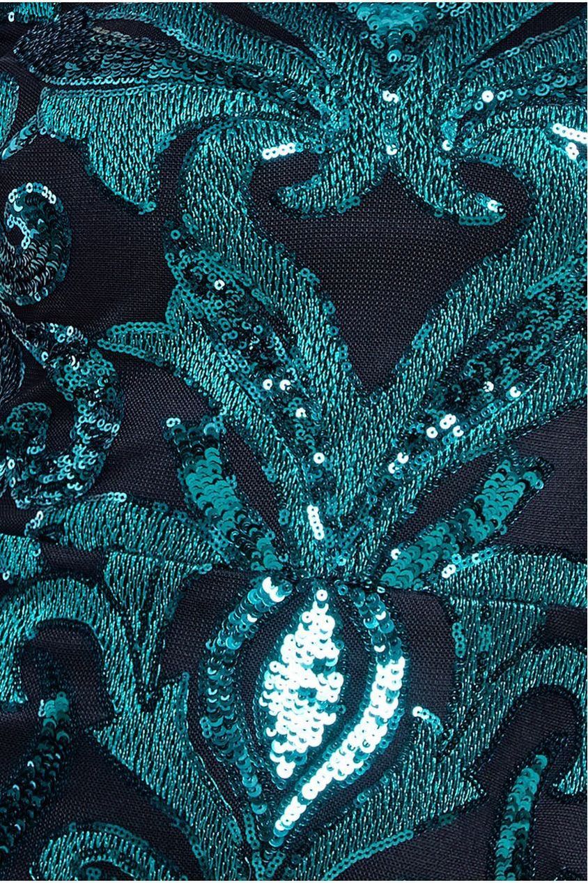 Goddiva Square Neck Scalloped Embroidered Sequin Midi Dress - Emerald Green