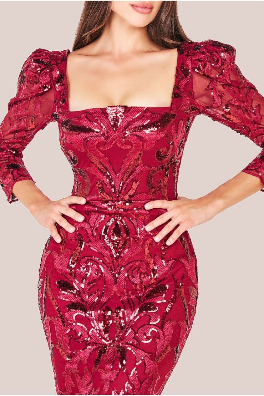 Goddiva Square Neck Scalloped Embroidered Sequin Midi Dress - Wine