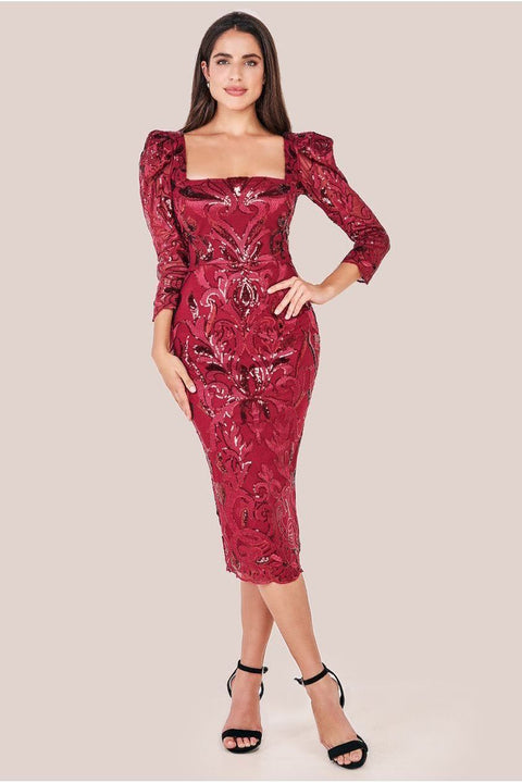 Goddiva Square Neck Scalloped Embroidered Sequin Midi Dress - Wine