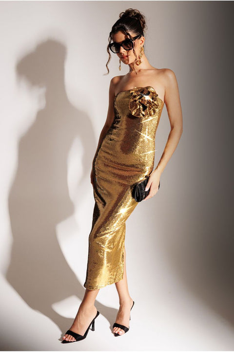 Goddiva Liquid Sequin Boobtube Midaxi With Corsage - Gold