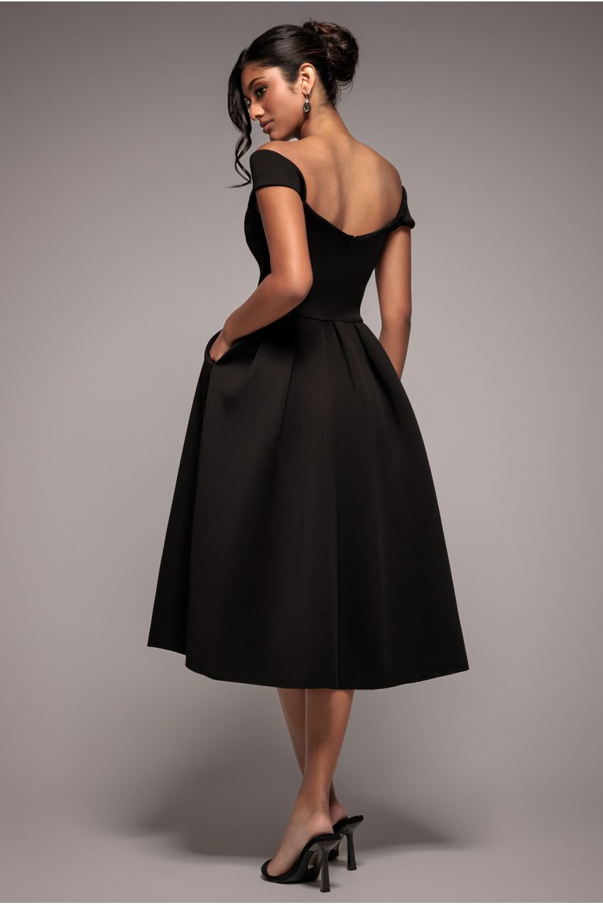 Goddiva Scuba Foam Skater Midi Dress - Black