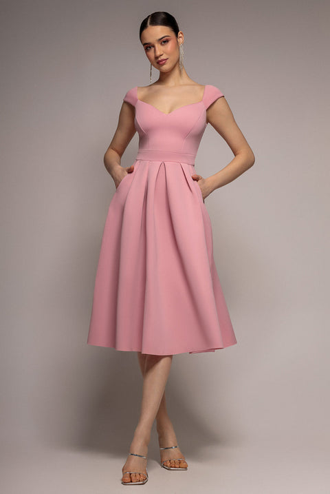 Goddiva Scuba Foam Skater Midi Dress - Blush Pink