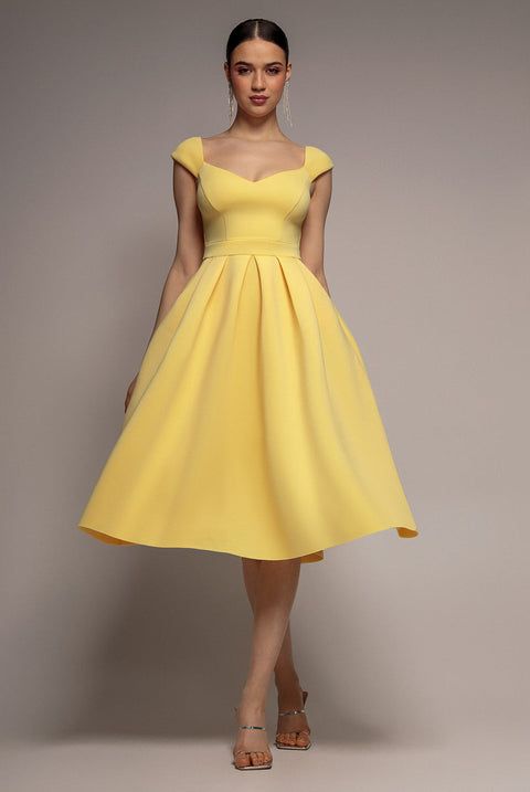 Goddiva Scuba Foam Skater Midi Dress - Lemon
