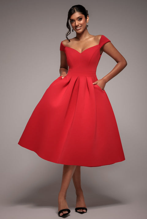 Goddiva Scuba Foam Skater Midi Dress - Red