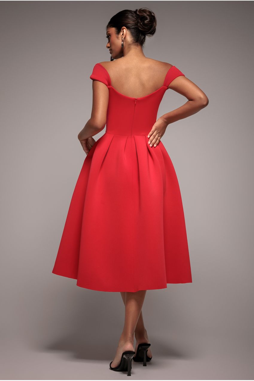 Goddiva Scuba Foam Skater Midi Dress - Red