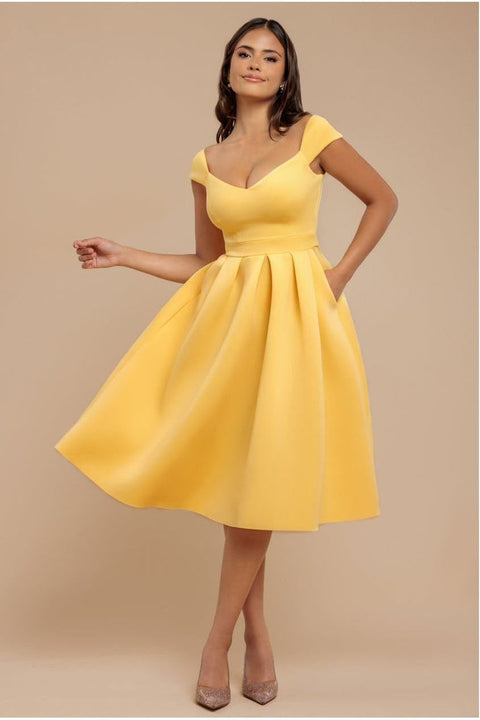 Goddiva Scuba Foam Skater Midi Dress - Lemon