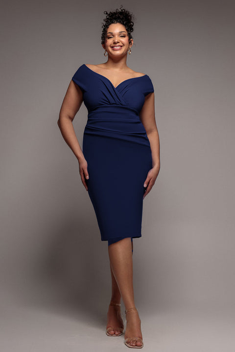Goddiva Plus Scuba Bardot Pleated Midi Dress - Navy