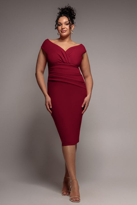 Goddiva Plus Scuba Bardot Pleated Midi Dress - Wine