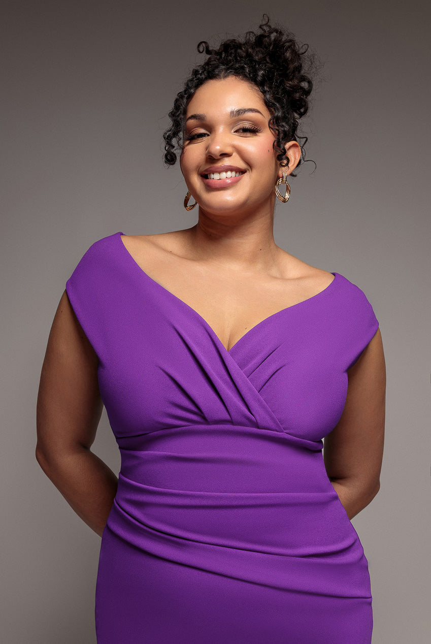 Goddiva Plus Scuba Bardot Pleated Midi Dress - Purple