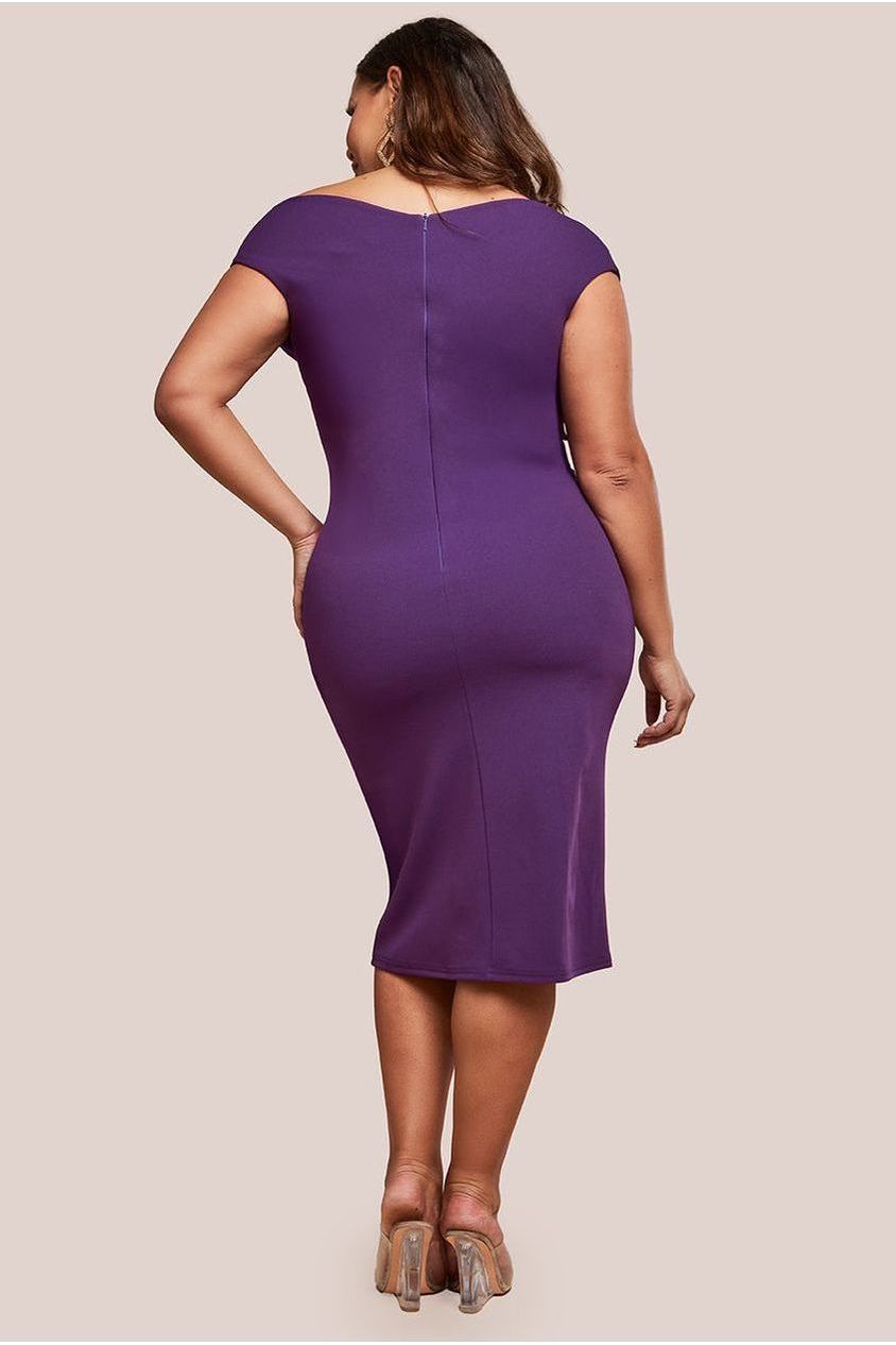 Goddiva Plus Scuba Bardot Pleated Midi Dress - Purple