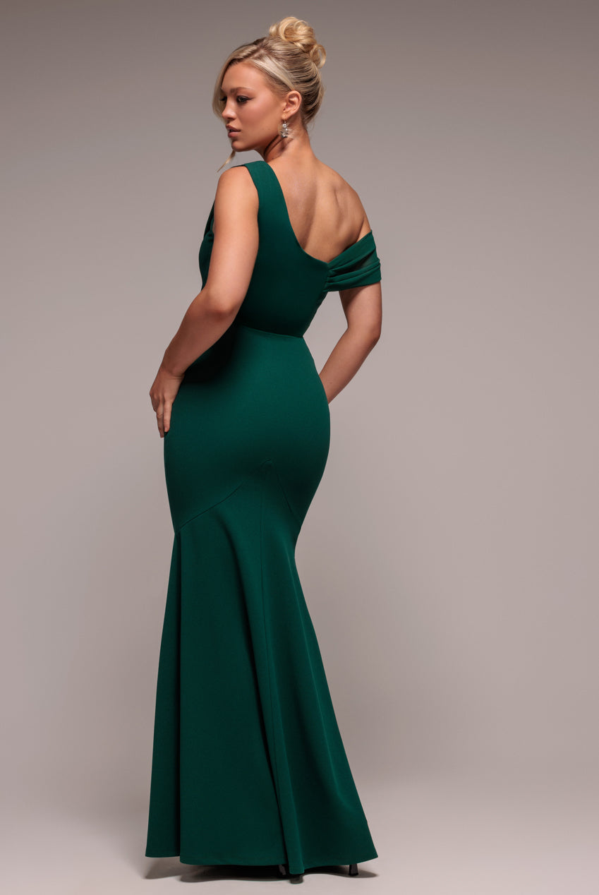 Goddiva Asymmetric Chiffon Cowl Neck Scuba Maxi Dress - Emerald Green