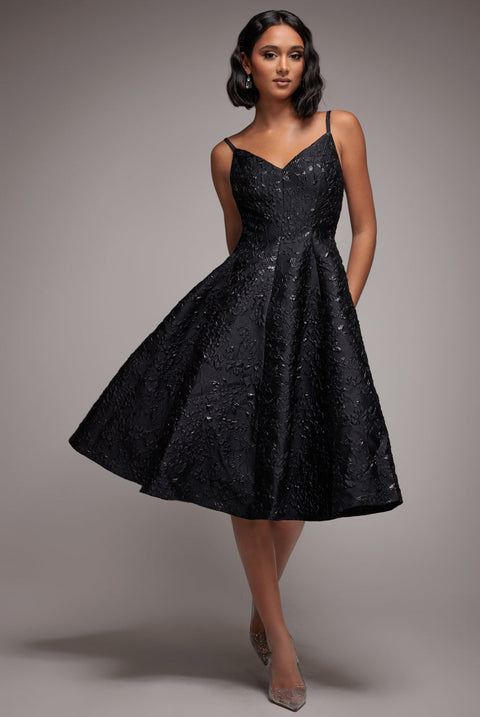 Goddiva Jacquard Sleeveless A-line Midi Dress - Black