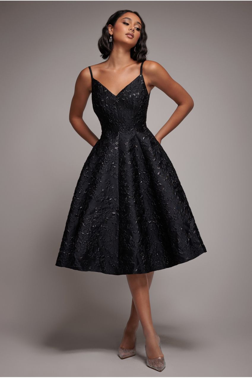 Goddiva Jacquard Sleeveless A-line Midi Dress - Black