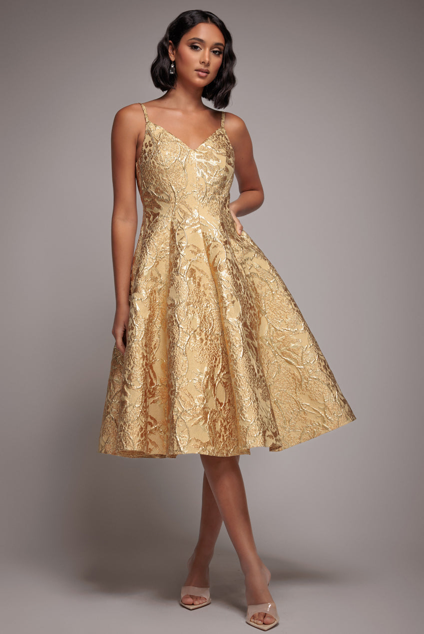 Goddiva Jacquard Sleeveless A-line Midi Dress - Gold