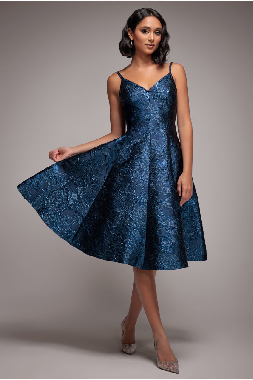 Goddiva Jacquard Sleeveless A-line Midi Dress - Navy Blue