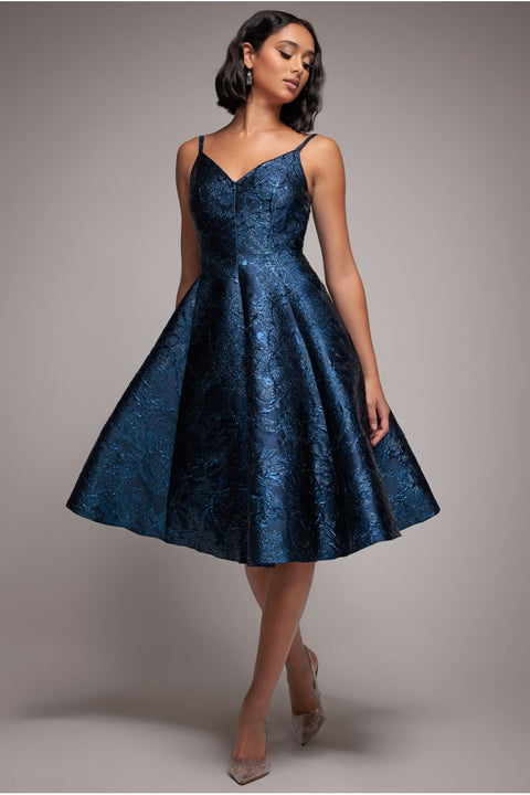 Goddiva Jacquard Sleeveless A-line Midi Dress - Navy Blue